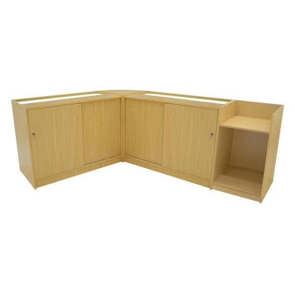 Phoenix LED Shop Counter Set in maple finish featuring a modern design with two cabinets and an open shelf for display storage