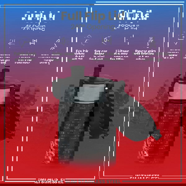 A slim stainless steel water bottle, with a 240° opening full flip lid, is shown against a background of football players. The lid folds back completely, providing a clear line of sight and sitting away from the face; ideal for on-the-go drinking.