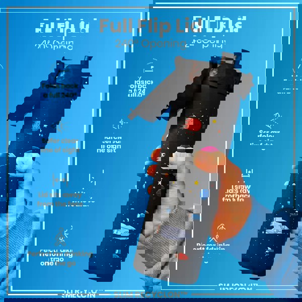 A black water bottle with a space theme, being held, features a full flip lid with a 240° opening. The lid folds back, sits away from the face, providing a clear line of sight. It's designed for on-the-go drinking. SLIM RECYCLON™