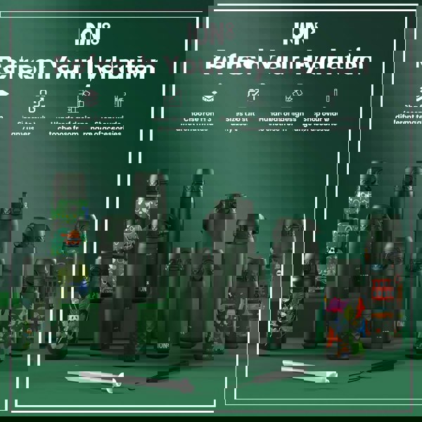 Several ION8 water bottles, varying in size and design, are displayed on a green surface. They are shown alongside accessories. Choose from 3 different materials; sizes to suit any user; hundreds of designs to choose from; shop our wide range of accessories.