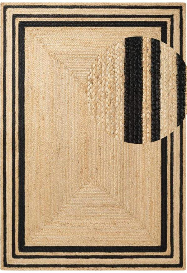 Beige and black braided rug with geometric pattern