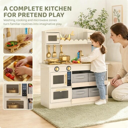 AIYAPLAY Kids Play Kitchen with Lights & Sounds, 4 Fabric Drawers, Cream