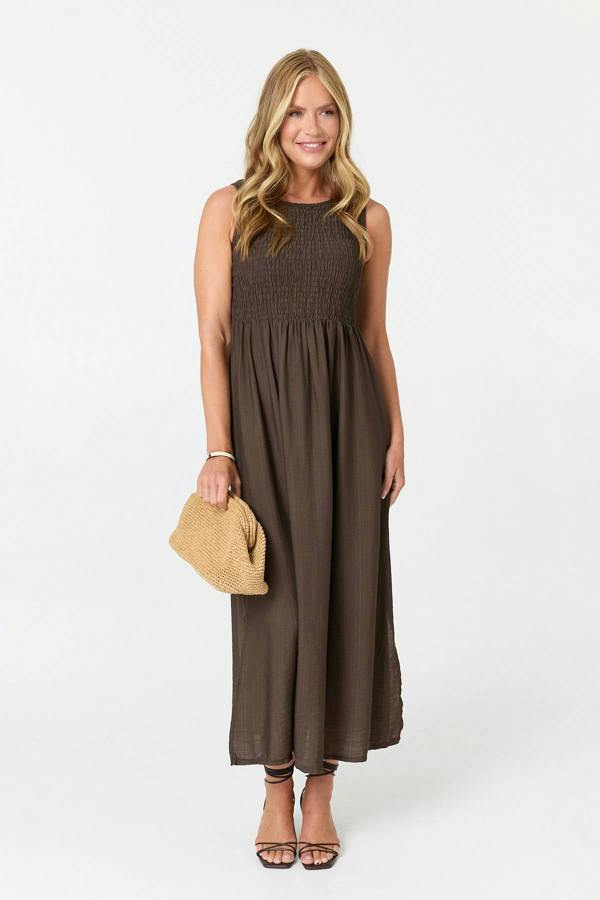 Brown | Shirred Sleeveless A-Line Maxi Dress