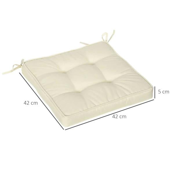 Cream square seat cushion pad with ties, flat laid out with dimensions shown