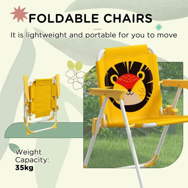 Kids lion-themed folding chair with yellow fabric and large lion face graphic