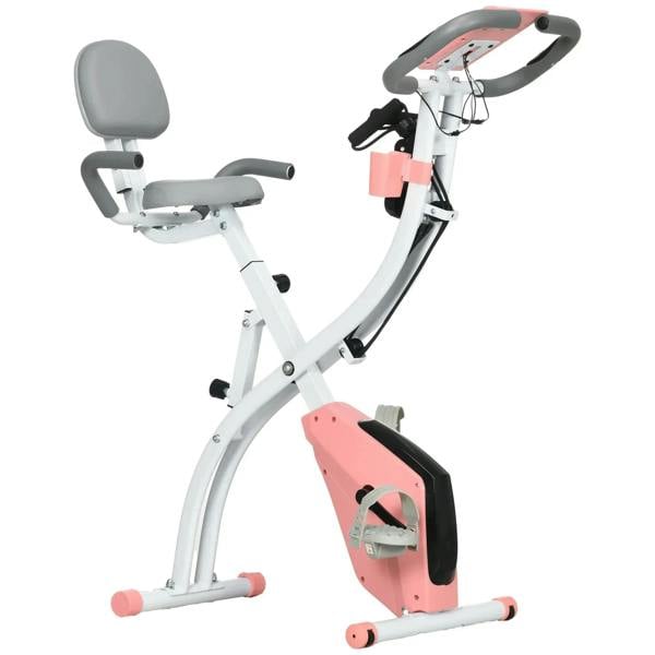 Pink and white folding exercise bike with padded seat and handlebars, pulse monitor console
