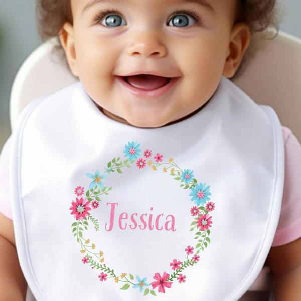Personalised Simple Floral Circle Baby Grow, Vest or Bib with Name