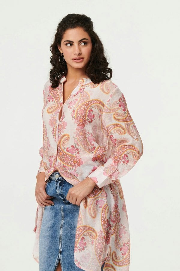 Pink | Paisley Long Sleeve Sheer Longline Shirt
