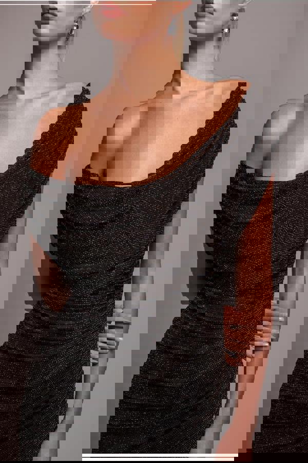 Sparkle Lurex Cowl Neck Off The Shoulder Maxi Dress - Black Gold DR4699