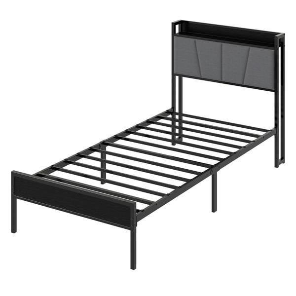 Levede Single Bed Frame Metal Platform Linen Upholstered Headboard with Storage