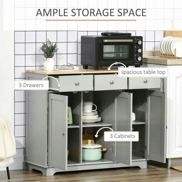Grey sideboard with rubberwood tabletop, open storage showing drawers and cabinet compartments
