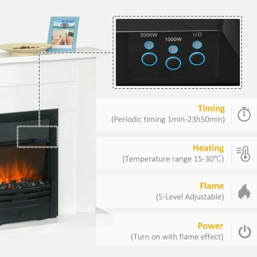 Bobobiy 40" Electric Firplace Suites & Mantelpiece with LED Flames Remote Marble Stone Modern Curved Surround Intelligent Safe Tempered 1000W/2000W