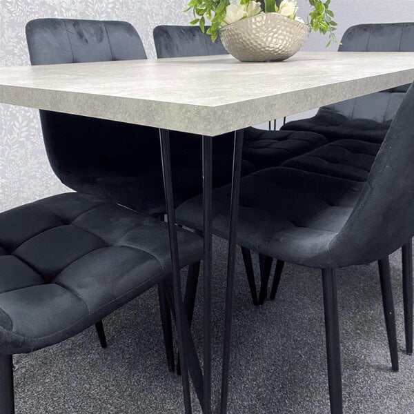 Kosy Koala Grey Dining Table with Hairpin Legs & 4 Black Velvet Chairs Set for Kitchen & Dining Room