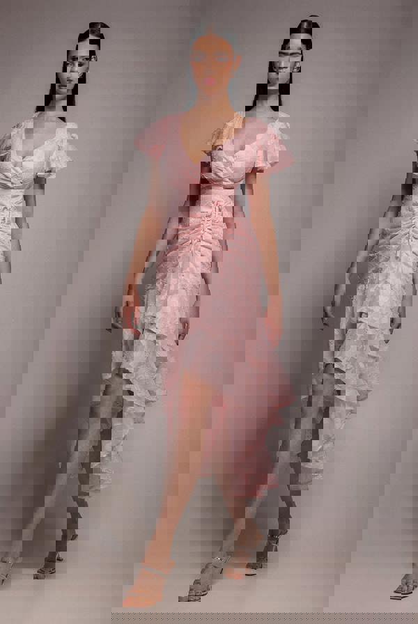 Jacquard Chiffon Wrap High Low Midaxi Dress - Pink DR4552
