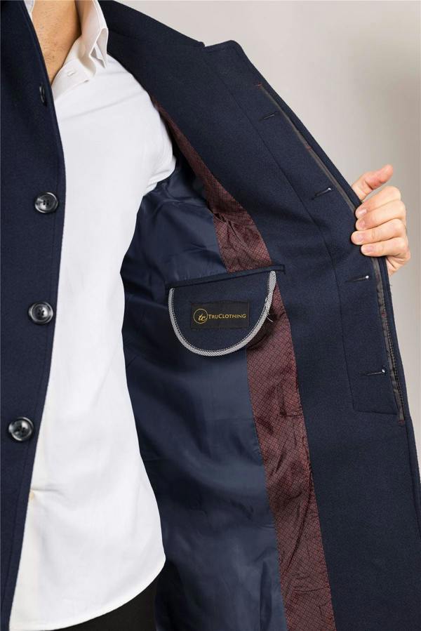 Infinity Leather Men's Wool Blend Classic Collar Navy Overcoat