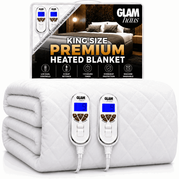 GlamHaus King Size Electric Blanket - Fitted Mattress Bed Cover - White Diamond Quilted - Settings for Feet and Body, Timer