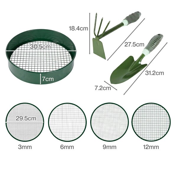 Lambu Garden Sieve Soil Sifter Set Metal 4 Mesh Inserts Shovel Hoe for Pots Green