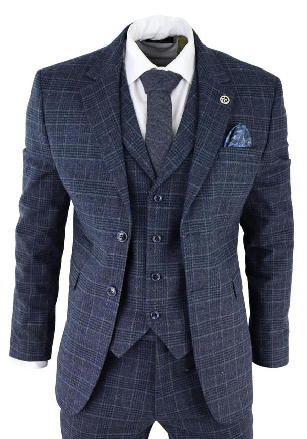TruClothing Mens Blue Check 3 Piece Tweed Suit Peaky Blinders 1920s Gatsby Tailored Fit