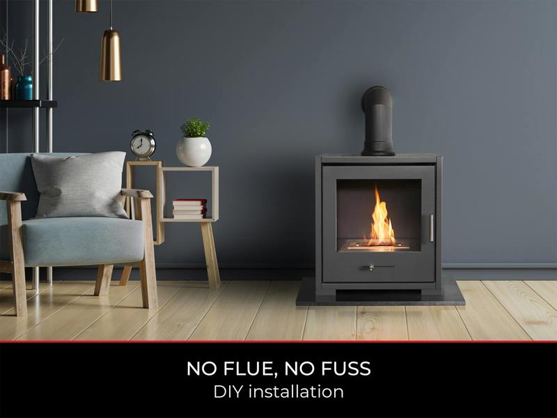 OKO S3 Bio Ethanol Stove in Charcoal Grey with Angled Stove Pipe