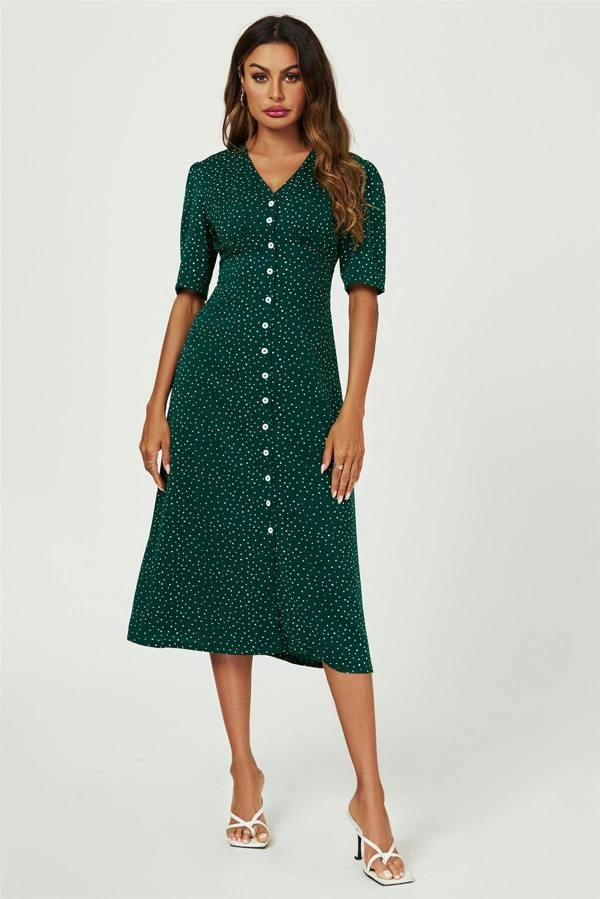 FS Collection Dot Print Button Front Midi Dress In Green