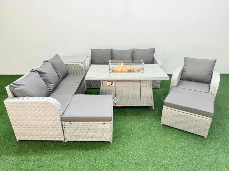 Fimous 9 Seater Poly Rattan Garden Furniture Patio Set, Firepit Table, 2x 3 Seater Sofas, Reclining Chair, 2 Big Footstools, Side Table, Light Grey