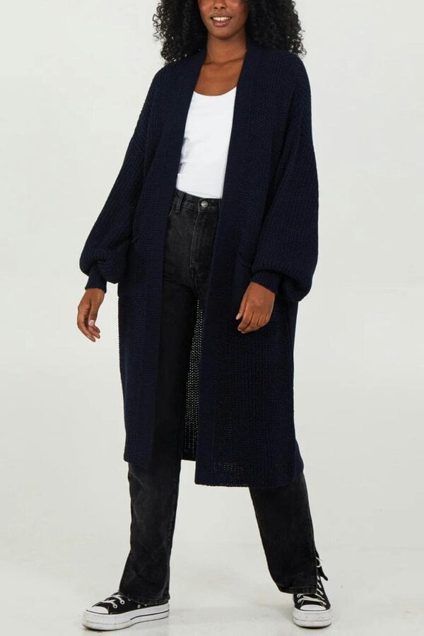 Hoxton Gal Oversized Long Sleeves Midi Knitted Cardigan with Pocket Details in Navy