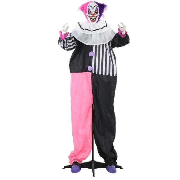Halloween animatronic clown in black-and-white striped shirt and pink pants, purple eyes