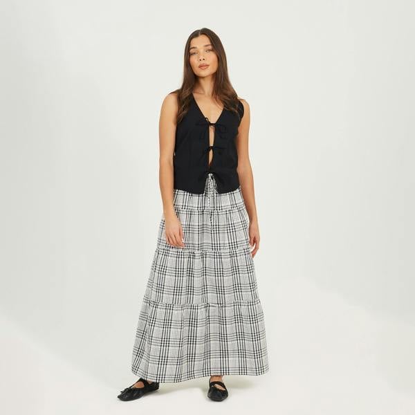 Brave Soul Brown Check Tiered Maxi Skirt - Brown Image 3