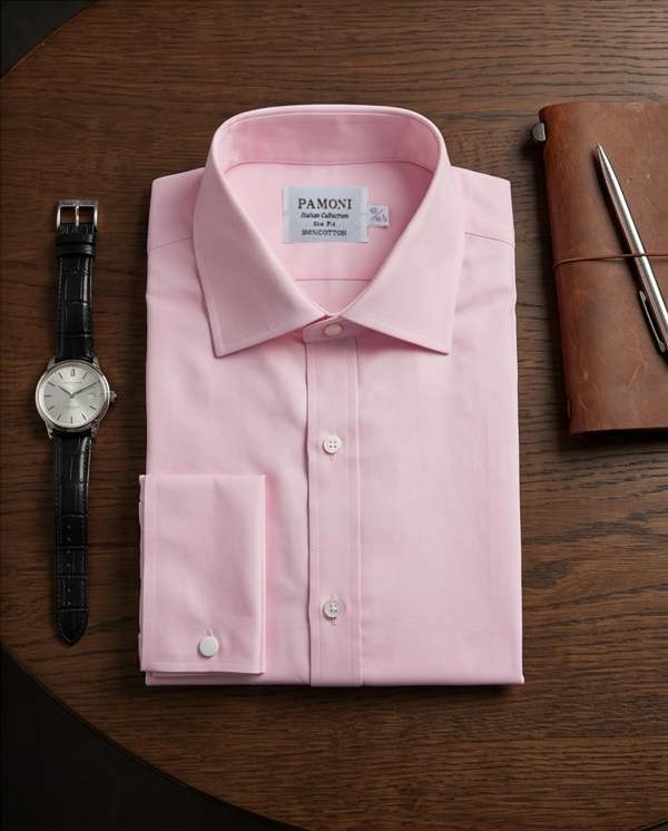 Pink dress shirt with a watch and leather notebook on a wooden surface