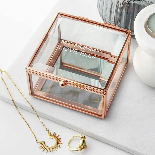 Personalised rose gold glass trinket box with mirrored bottom engraved with a special message
