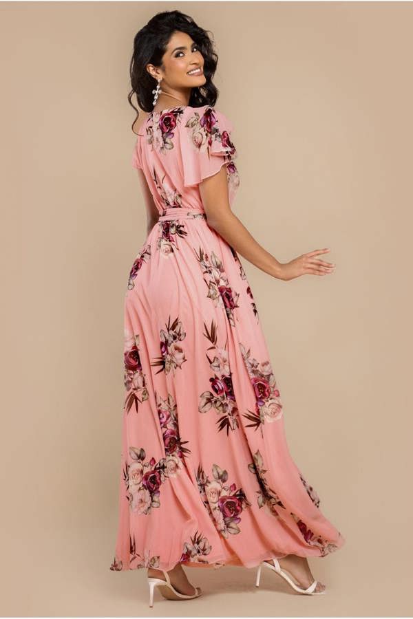 Sustainable Printed Flutter Sleeve Maxi Dress - Peach DR1582BBS
