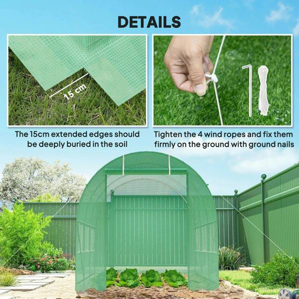 Green polytunnel greenhouse front end with mesh cover and steel door frame