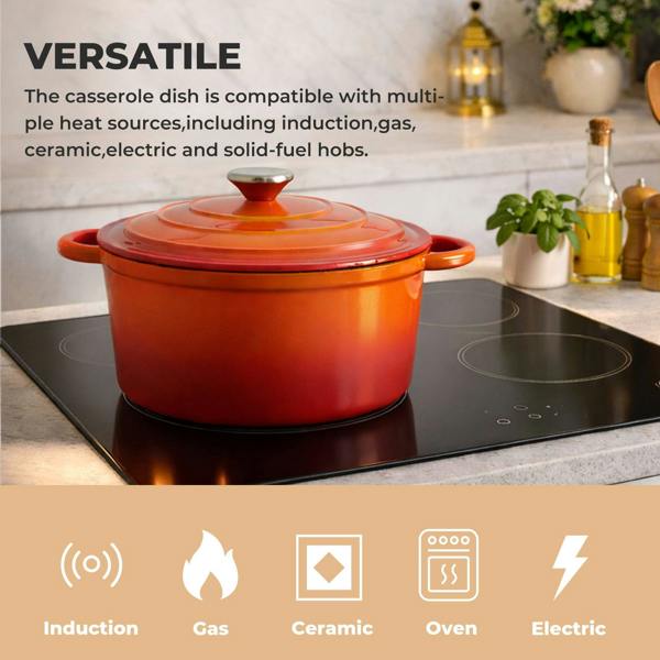 Toque Cast Iron Enameled Dutch Oven Pot Casserole Dish with Lid Non-Stick Orange