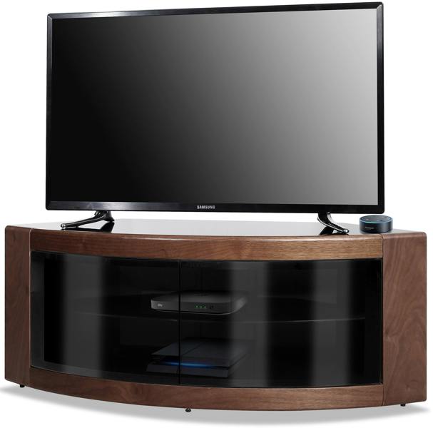 Homeology PANGEA Black with Walnut Veneer Beam-Thru Glass Door Curved Unit Tru-Corner 32"-50" TV Cabinet