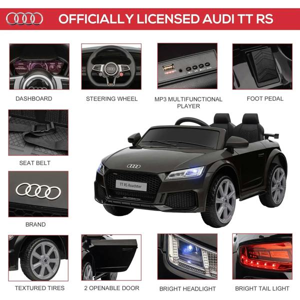 Black Audi TT RS ride-on car with dashboard, steering wheel, MP3 player and seat belt