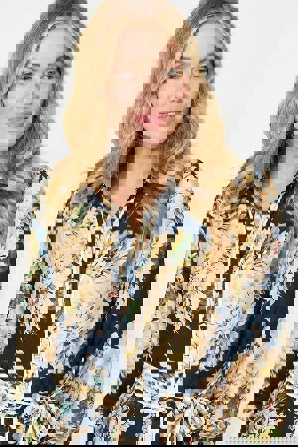 Navy | Floral Print Tie Waist Midi Shirt Dress