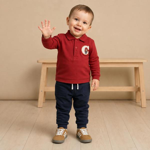 Mini Cuddles Baby Boys Cotton Embroidered Polo T-Shirt and Joggers Set Casual Wear, Burgundy and Navy Blue