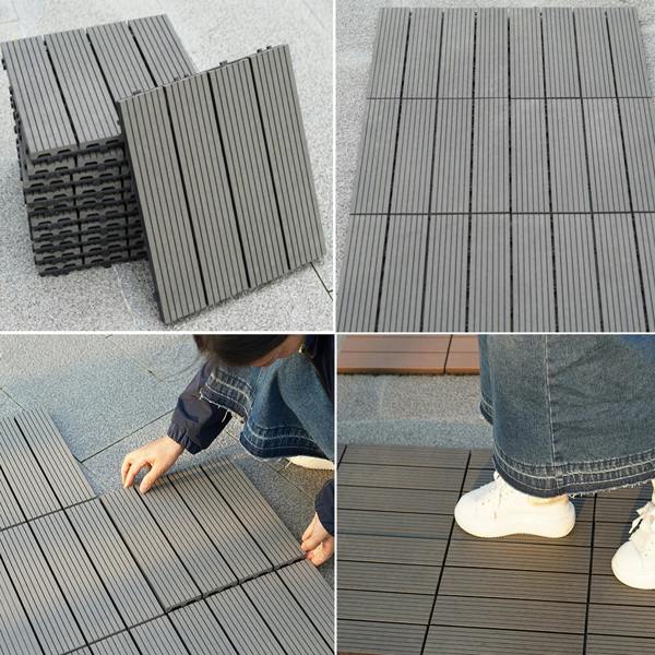 Gr8 Garden 11x WPC Stripe Composite Interlocking Decking Tiles – Black Outdoor Garden Flooring