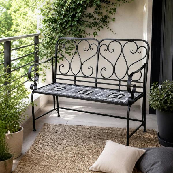Medina Mosaic 2 Seater Garden Bench, 112cm Outdoor Patio Seat with Ceramic Tile Seat, Scrollwork Backrest & Metal Frame image 4