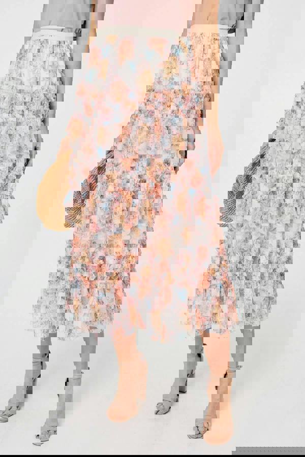 Pink | Floral Ruffled High Waist Midi Skirt