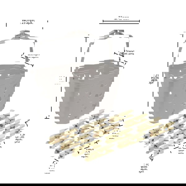 JVL Plastic Peg Basket, Grey with 102 Birch Wood Pegs, Brown