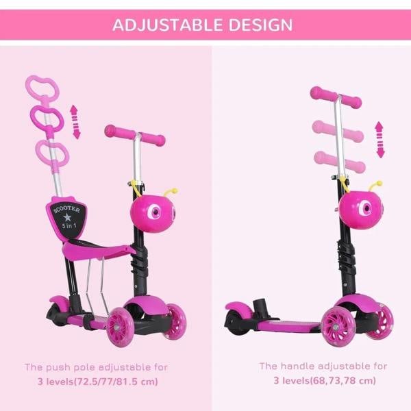 Pink adjustable kids scooter showing handle adjustment positions and three-wheel base