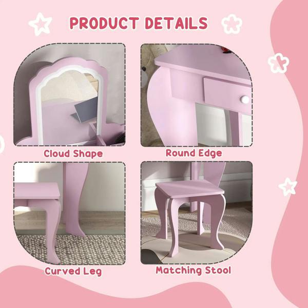 Pink vanity table set features: cloud mirror shape, rounded edges, curved legs, stool