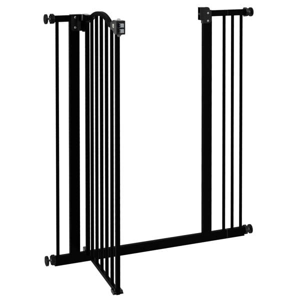 Black metal folding dog safety gate with hinge bar and vertical panel sections