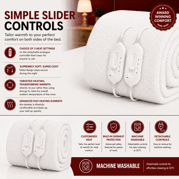 Cozy Night Double Size Electric Blanket Heated with 3 Heat Settings - Quick Fit Underblanket - Fleece Material Machine Washable