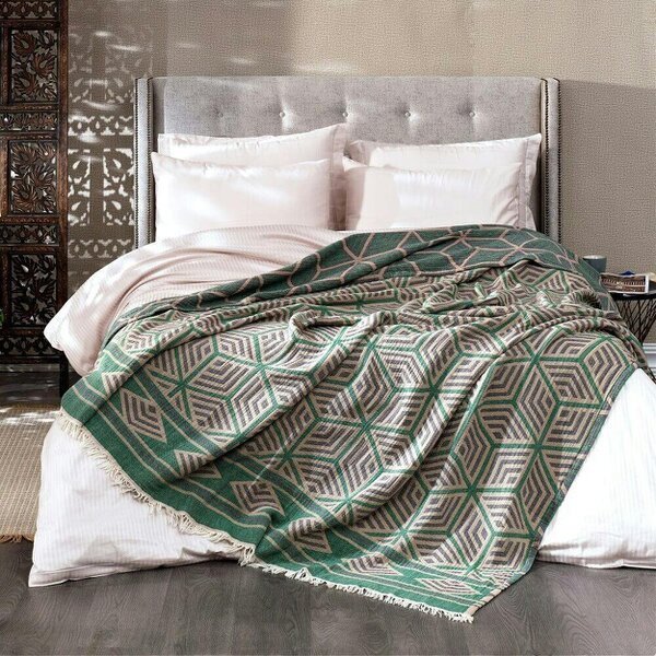 Cotton and Olive Ela Soft Jacquard Cotton Bedspread, Bottle Green | SECONDS