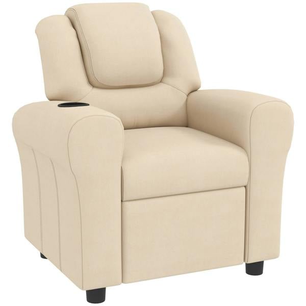 Beige kids recliner chair with padded headrest and cushioned armrests, PU leather.