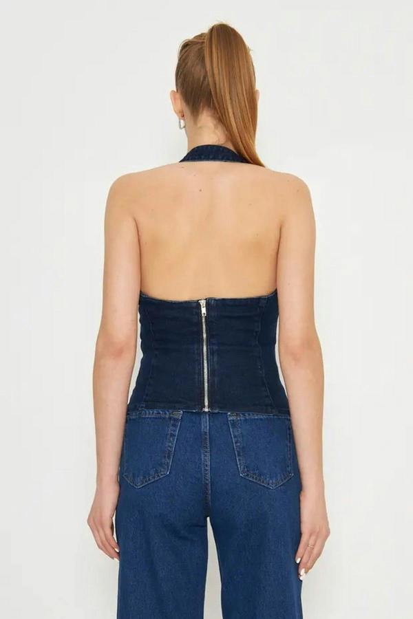 WOVCOR Halter Neck Denim Blouse with Belt Buckle Detail