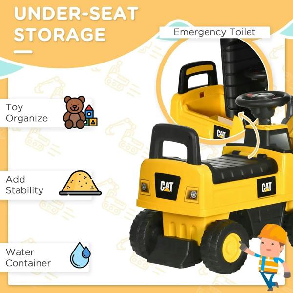 Yellow CAT ride-on excavator showing under-seat storage area and seat controls