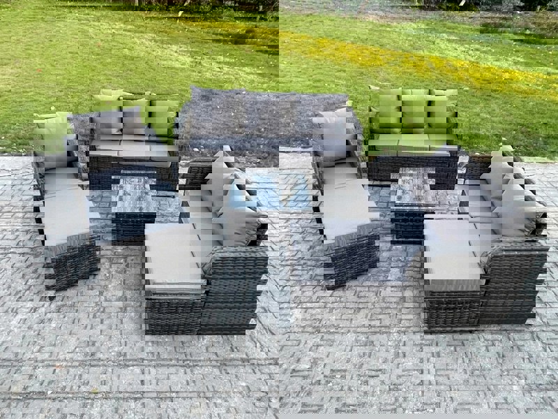 Fimous 8 Seater High Back Rattan Garden Furniture Set with Square Coffee Table 2 Big Footstool Indoor Outdoor Patio Lounge Sofa Set Dark Grey Mixed